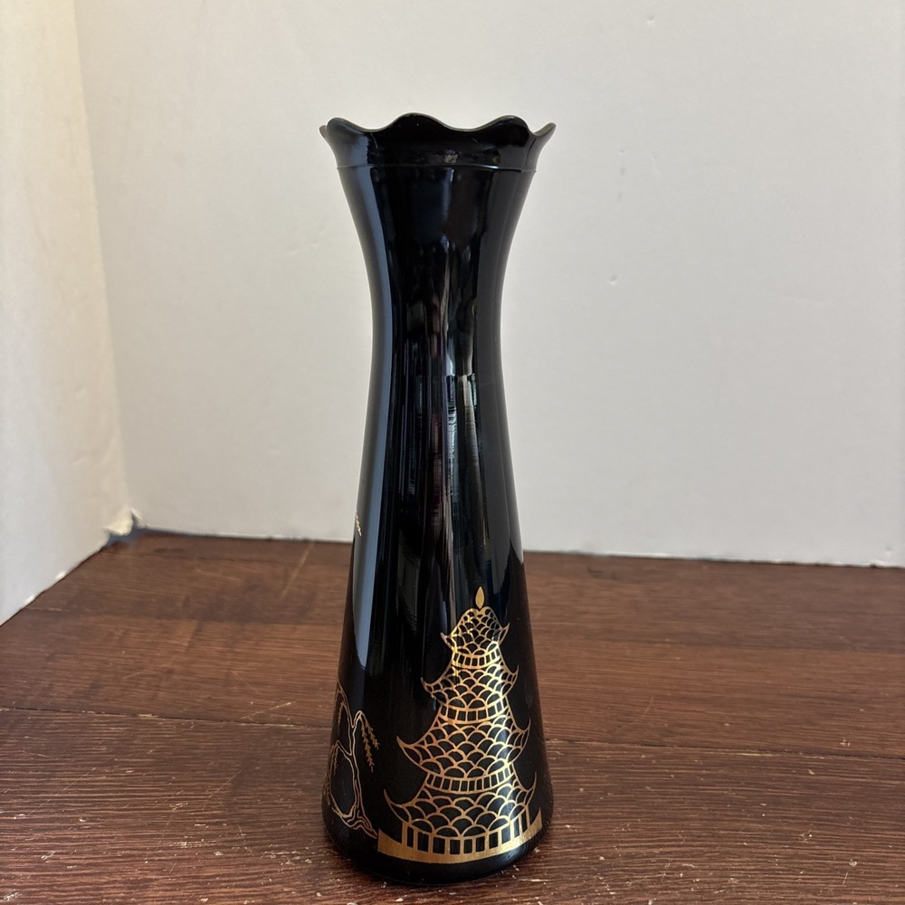 Vtg Bartlett Collins Atomic Age Glass 9"Vase Gold Asian Pagoda On Black‎  MCM